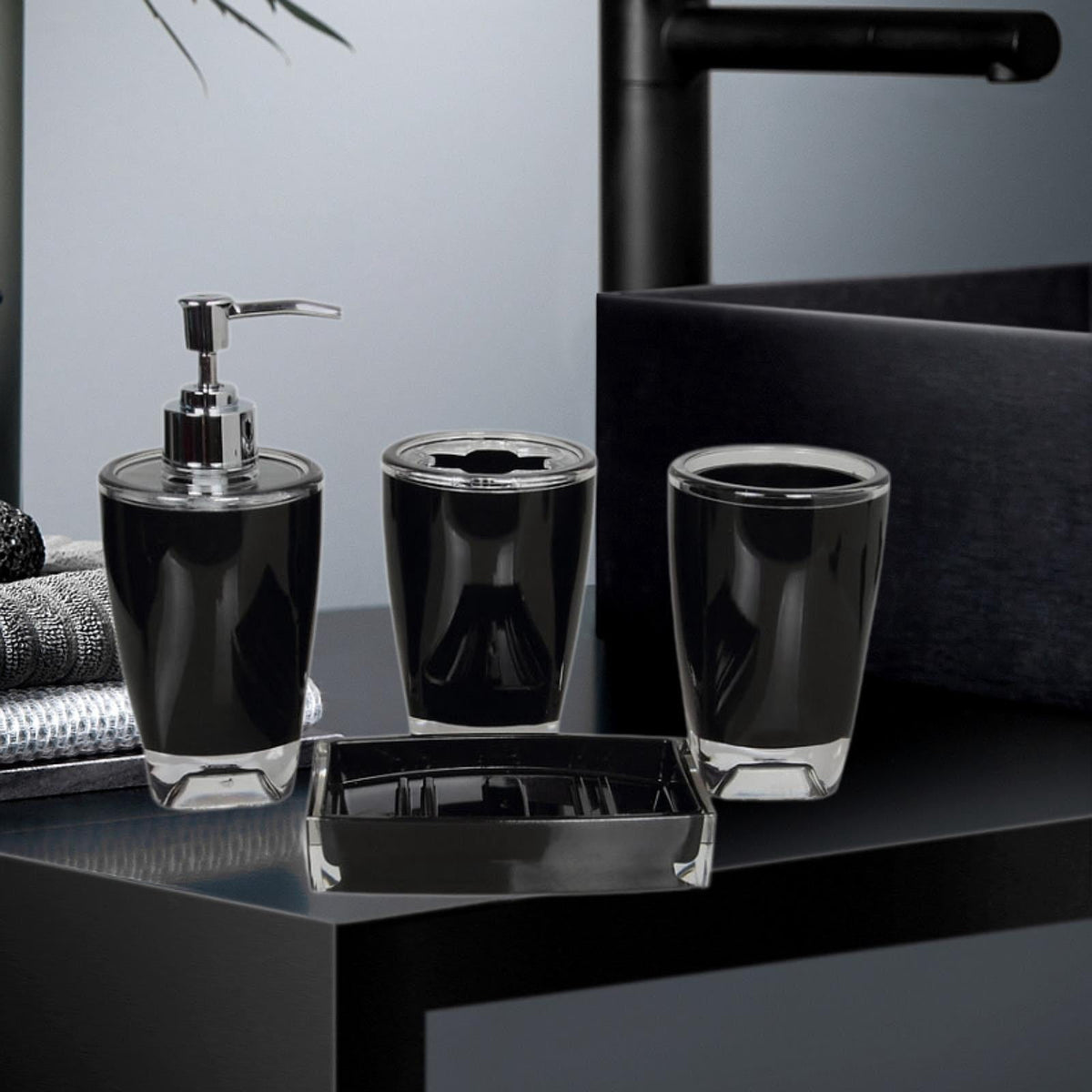 Lazsy 4 Pieces Soap Dispenser Toothbrush Holder Apartment Essentials Acrylic Organizer Black
